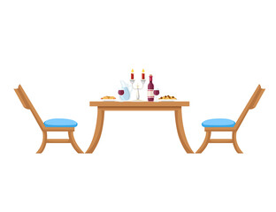 Romantic dinner concept with wine and wine glass wooden luxury royal table and chairs vector illustration on white background