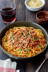 Italian pasta spaghetti bolognese. National cuisine. Recipe. Italian food.