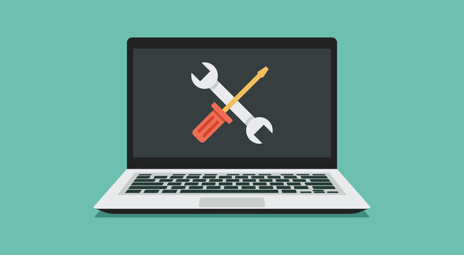 computer repair service, maintenance, and technical support concept, laptop with wrench and screwdriver on screen, vector flat illustration