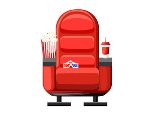 Red cinema armchair with soda popcorn and 3d glasses vector illustration on white background