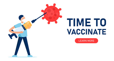 Time to vaccinate. Covid-19. Coronavirus. Fighting the virus. The doctor injects the vaccine from the syringe into the virus. Illustration for medical publications. Preventive medicine. Web banner.