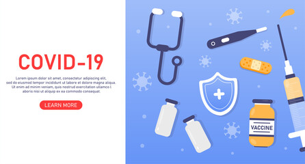 Vector banner concept. Coronavirus. Covid-19. Vials, syringe, plaster, thermometer and stethoscope. Pandemic outbreak. Vaccination of the elderly. Injection. Treatment for the virus.