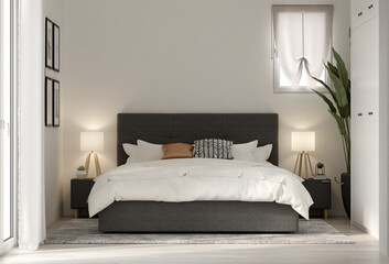Minimalist Interior of modern bed room 3D rendering