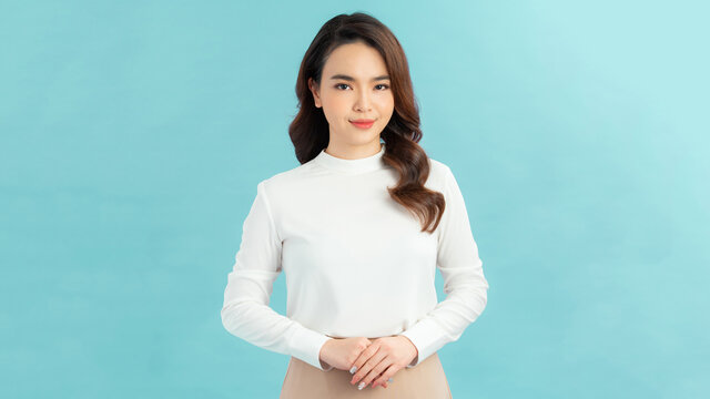 Portrait of attractive charming girl cross hands ready decide decisions solutions isolated over blue color background