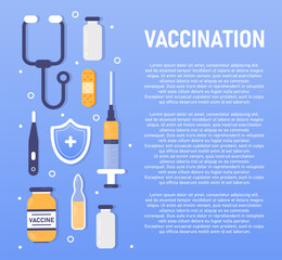 Vector concept of vaccination rules. Covid-19. Coronovirus. Medical stuff. Vials, syringe, plaster, thermometer, stethoscope and medical shield to protect against the virus. Vaccination rules.