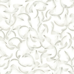 Veren banner. Pastel engel veer in naadloze patroon textuur vallen op witte achtergrond. Glamoureuze verfijnde luchtige artistieke afbeelding geïsoleerd op wit.