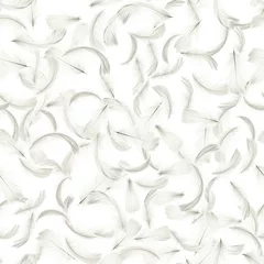Stof per meter Veren banner. Pastel engel veer in naadloze patroon textuur vallen op witte achtergrond. Glamoureuze verfijnde luchtige artistieke afbeelding geïsoleerd op wit. © Maksym