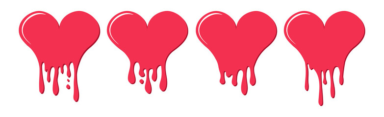 Set of dripping hearts. Red melting heart with reflection and shadow. Template design for valentine day, greeting card, wedding, celebration event, poster. Vector illustration