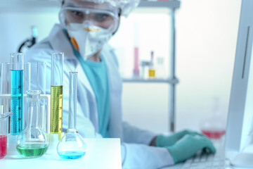 Fototapeta premium laboratory equipment, supplies, jars, bottles, cylinders, beakers, graduate, test-mixer, medicine-glass. Chemistry laboratory