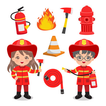 Cute boy and girl in fire fighter uniform with fire emergency clip art set. Flat vector design isolated.