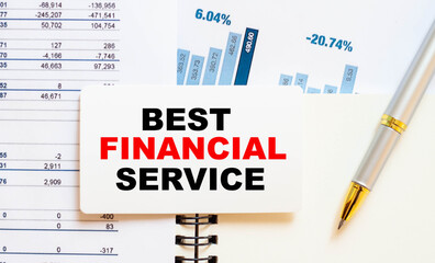 BEST FINANCIAL SERVICE - text on a white business card with a blue graph and numbers