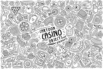 Doodle cartoon set of Casino objects and symbols