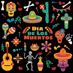 Fototapeta premium Vector Dia de Los Muertos. Set for the celebration of the day of the dead. Decorated skulls, flowers, skeleton, cactus, sambrero, tequila, guitar. Vector illustration background. Halloween.