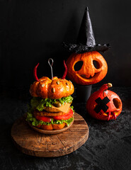 Funny pumpkin veggie burger . Halloween - 417822489