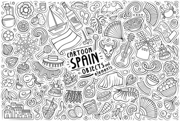 Doodle cartoon set of Spain objects and symbols