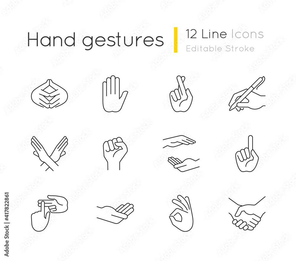 Poster hand gestures linear icons set. one finger - pointing. hand writing with pen. counting on fingers. c