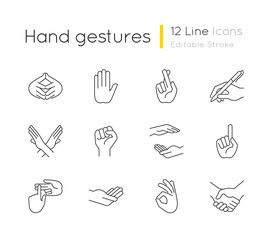 Hand gestures linear icons set. One finger - Pointing. Hand writing with pen. Counting on fingers. Customizable thin line contour symbols. Isolated vector outline illustrations. Editable stroke