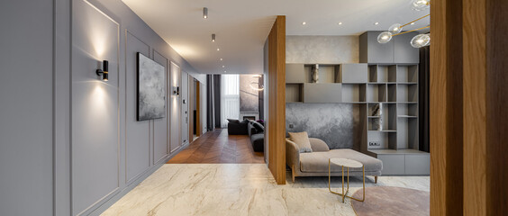 Modern interior of luxury private house. Grey tones. Wooden design.