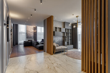 Modern interior of luxury private house. Grey tones. Wooden design.