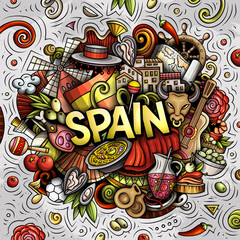 Spain hand drawn cartoon doodle illustration. Funny Spanish design. Creative art vector background. Handwritten text with elements and objects. Colorful composition