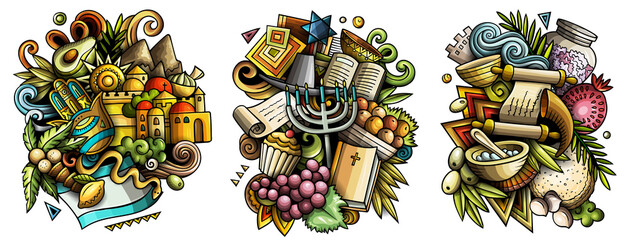Israel cartoon vector doodle designs set.