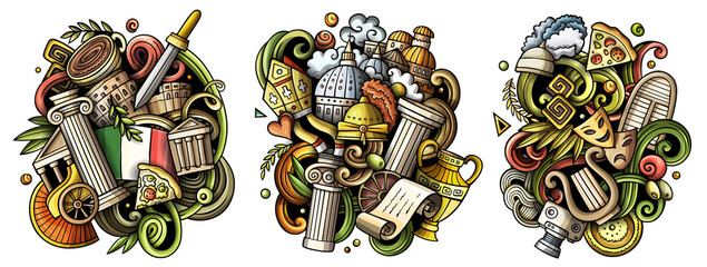 Italy cartoon vector doodle designs set. - obrazy, fototapety, plakaty