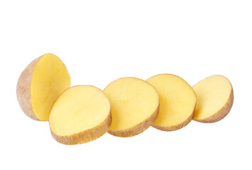 Naklejka na ściany i meble Raw potatoes cut in slices isolated over white background.
