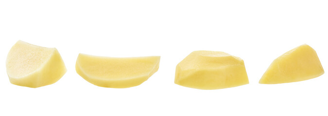 potato slices isolated on white background. Various angles.