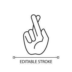 Crossed fingers linear icon. Hand gesture used to wish for luck. Keep your fingers crossed. Thin line customizable illustration. Contour symbol. Vector isolated outline drawing. Editable stroke