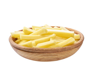 raw french fries in wooden bowl isolated on white background.