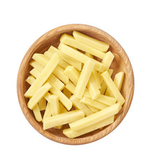 raw french fries in wooden bowl isolated on white background top view.