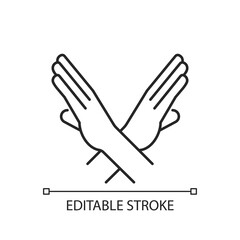 Obraz premium Crossed arms, stop gesture linear icon. Request to stop action. Prohibition of action. Thin line customizable illustration. Contour symbol. Vector isolated outline drawing. Editable stroke