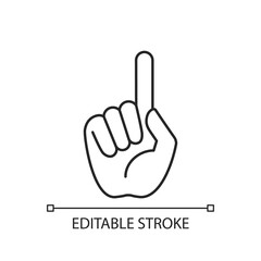 One finger pointing linear icon. Pointing with index finger of hand at something. Thin line customizable illustration. Contour symbol. Vector isolated outline drawing. Editable stroke
