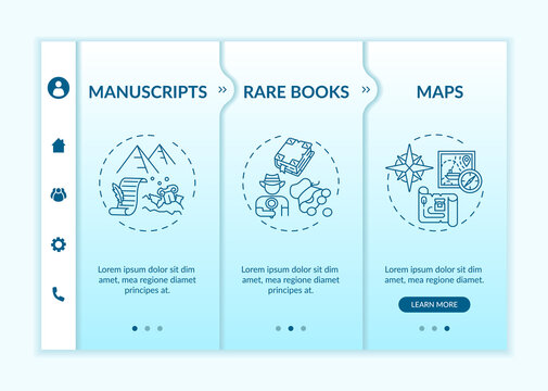 Ancient literature onboarding vector template. Online library advantages. Available rare books. Free access. Responsive mobile website with icons. Webpage walkthrough step screens. RGB color concept