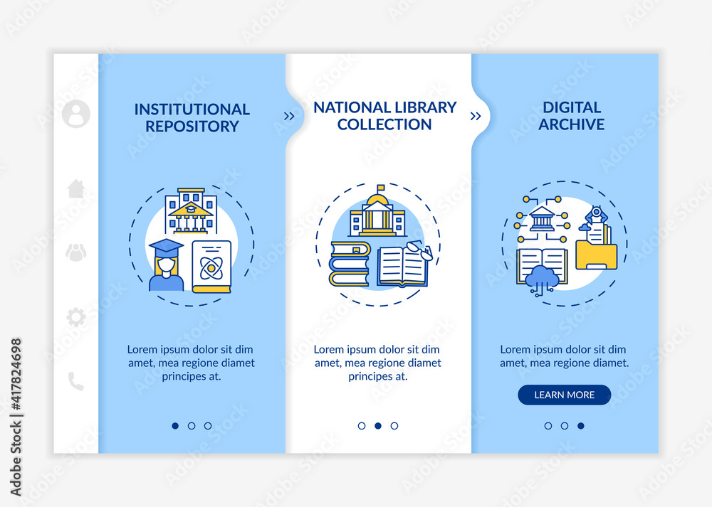 Aufkleber types of digital libraries onboarding vector template. institutional repository national library col