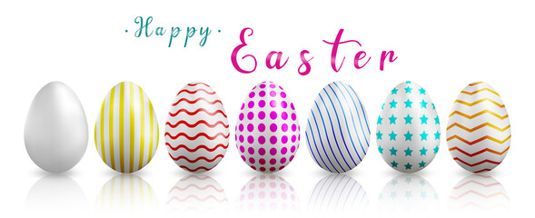 Vector Illustration of Happy Easter Holiday with Painted Egg. Vector cute horizontal greeting banner with realistic colored 3D eggs. Festive cartoon template with paper text Happy Easter.