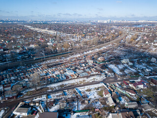 Residential area of Kiev. Aerial drone view. Sunny winter day.
