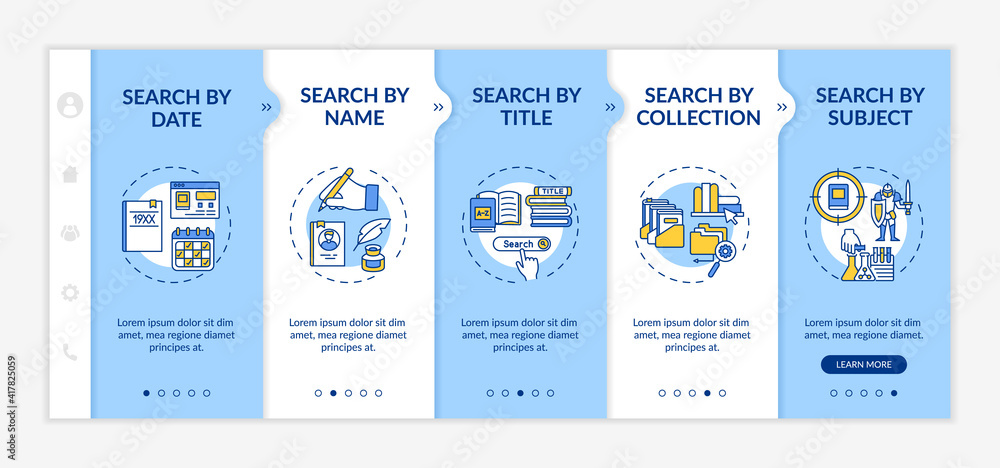 Poster online library search types onboarding vector template. browse. advanced search. keyword search .res