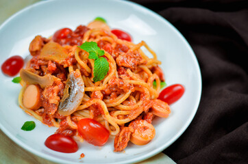 Delicious spaghetti served on  plate