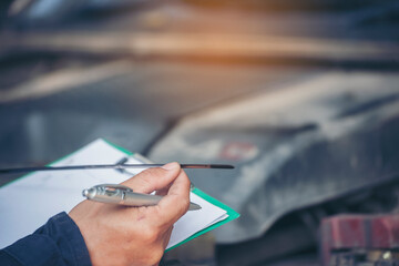 Mechanic car service auto garage in automotive mobile center. Technician workshop repair engine...