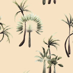 Vintage tropical palm trees. Seamless floral pattern with tropical trees on summer background. Template design for textiles, interior, clothes, wallpaper. Watercolot illustration.  Botanical art