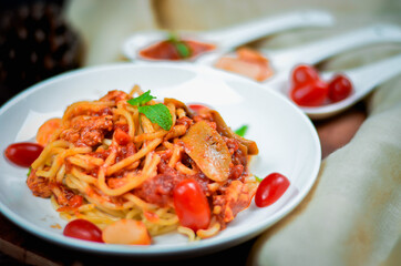 Delicious spaghetti served on  plate