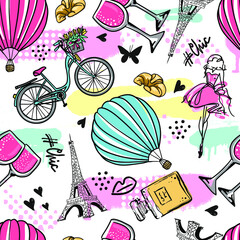 Fashion seamless pattern. Bonjour Paris. pattern with hand drawn  Eiffel Tower and lips. for  fashion clothes, t shirt, child, wrapping paper. Creative girlish design   © SokolArtStudio