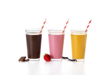 Chocolate, strawberry and vanilla milkshakes isolated on white background