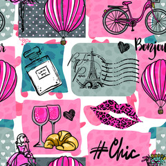 Fashion seamless pattern. Bonjour Paris. pattern with hand drawn  Eiffel Tower and lips. for  fashion clothes, t shirt, child, wrapping paper. Creative girlish design   © SokolArtStudio