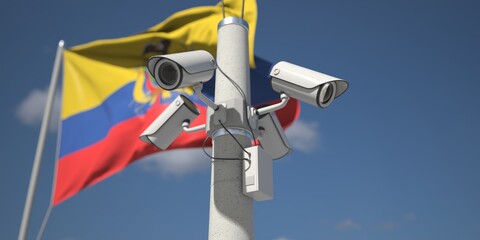 Flag of Ecuador and four security cameras, 3d rendering