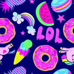 Fashion  Seamless pattern with donut,   stickers, ice cream.  Modern grunge background textile, prints, paper products, the Web. Girls pattern