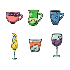 A set of mugs in doodle style. Coffee cup, tea mug, wine glass, champagne glass, whiskey and brandy glass.