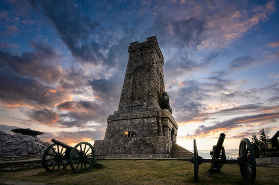 Shipka Monument (Monument of The Liberty) is a monumental construction, located at Shipka peak in Stara Planina mountain, near town of Shipka, Bulgaria at sunset.