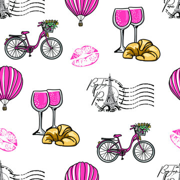 Fashion seamless pattern. Bonjour Paris. pattern with hand drawn  Eiffel Tower and lips. for  fashion clothes, t shirt, child, wrapping paper. Creative girlish design  